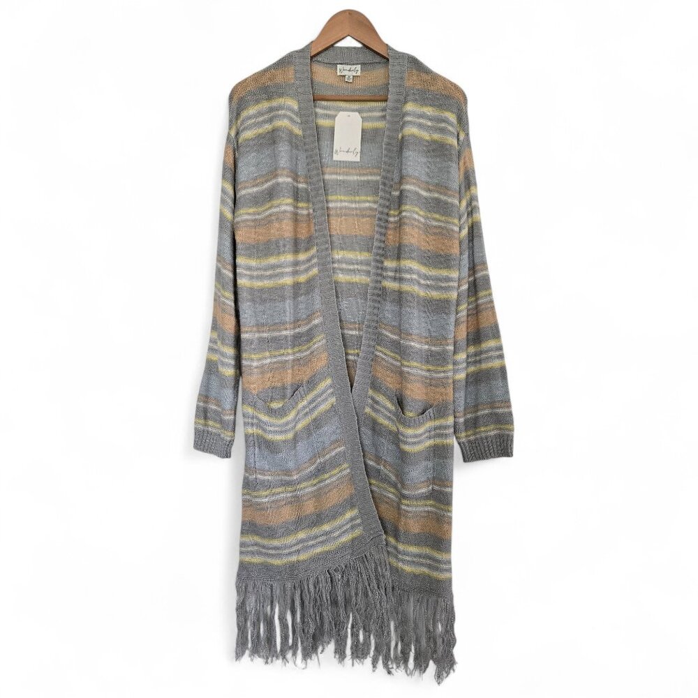 NWT Wonderly Striped‎ Long Cardigan Women's Boho Fray Bottom Sweater Cottage M